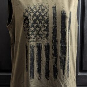 2/$30 Women's Patriotic Olive Sleeveless Top W/ Black Screen Print American Flag